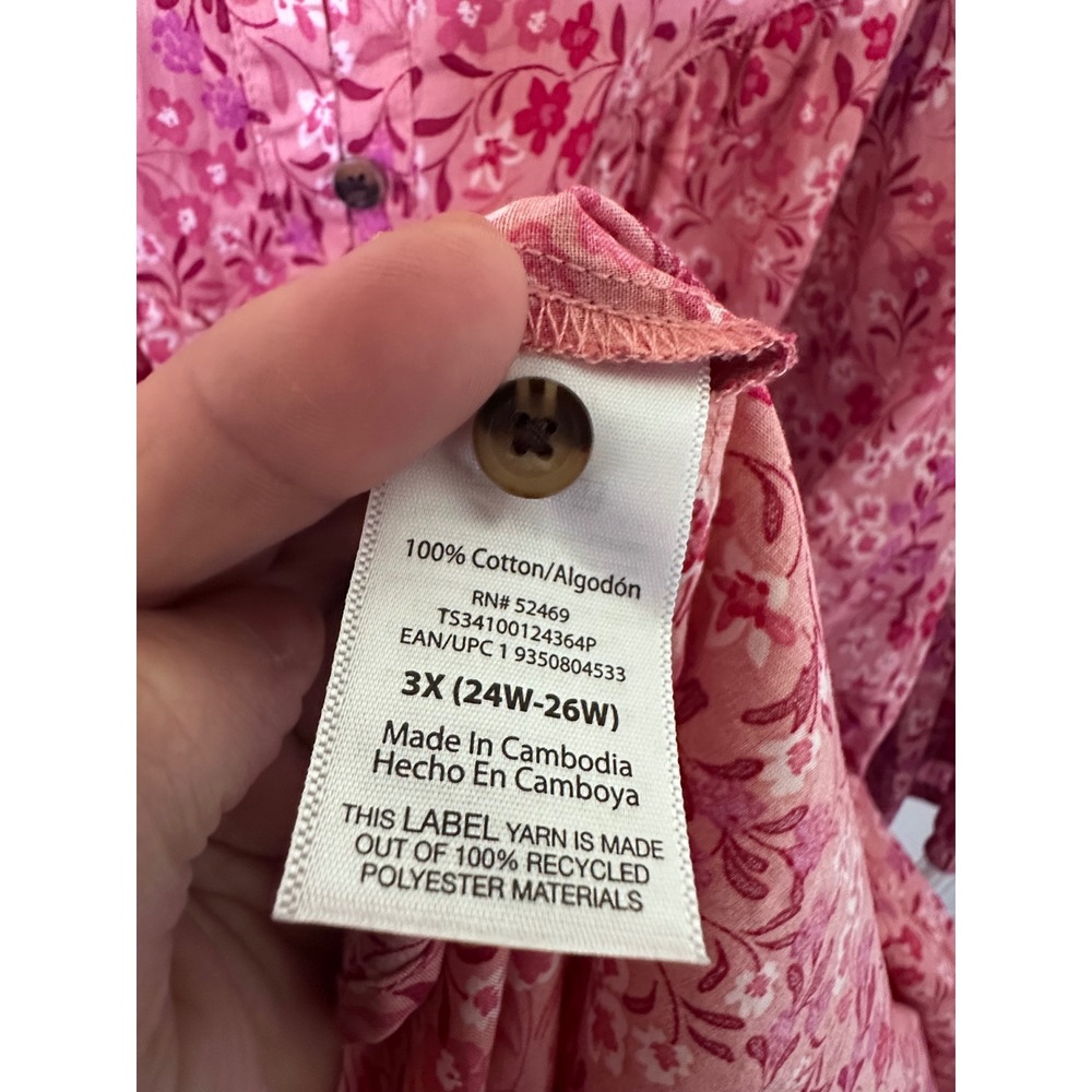 Terra & Sky Pink Floral Cotton Button Front Midi Dress Plus 3X 24W-26W Pockets - Picture 6 of 8
